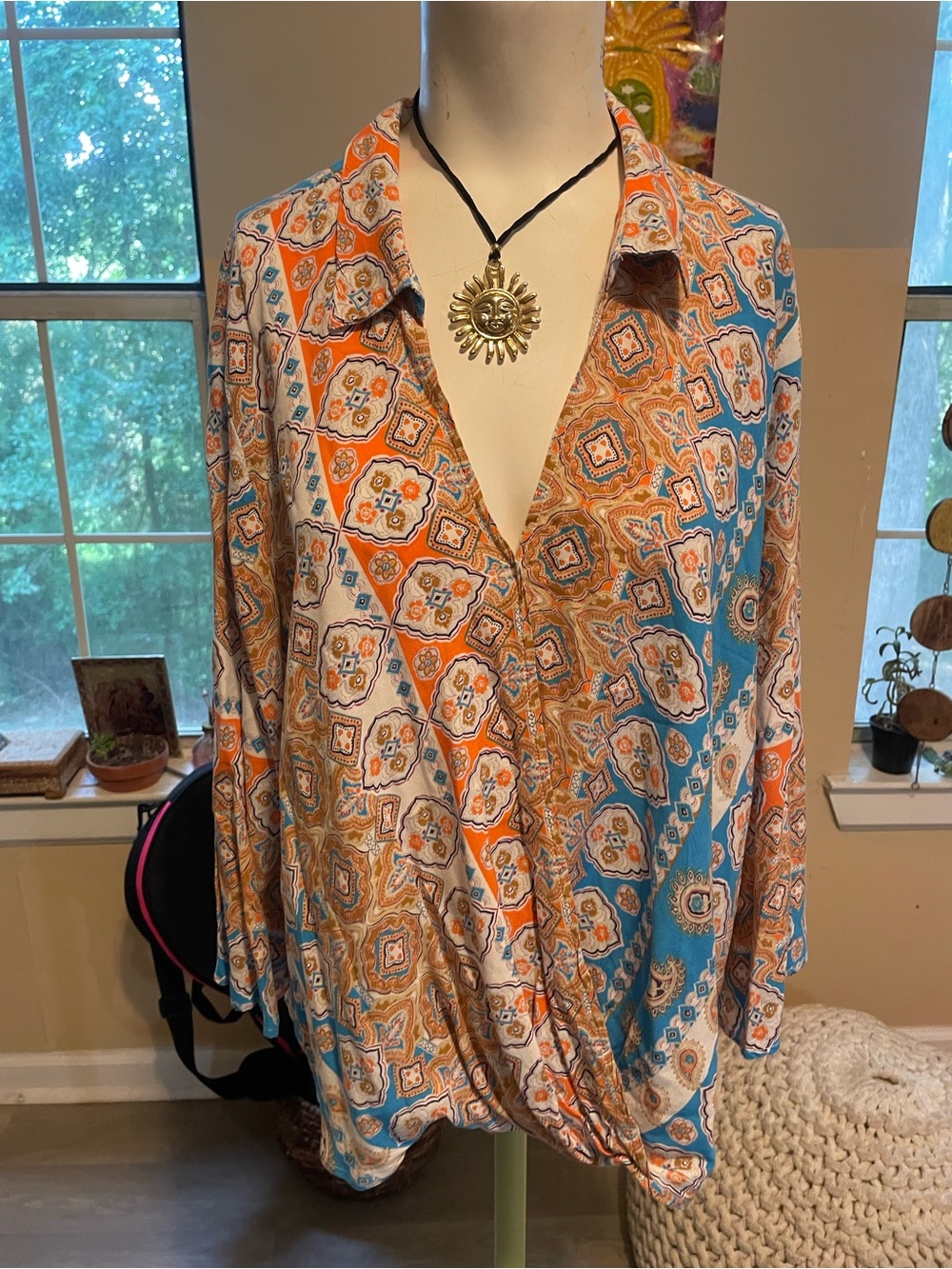 Cato Orange & Teal Geometric Twist-Front Blouse